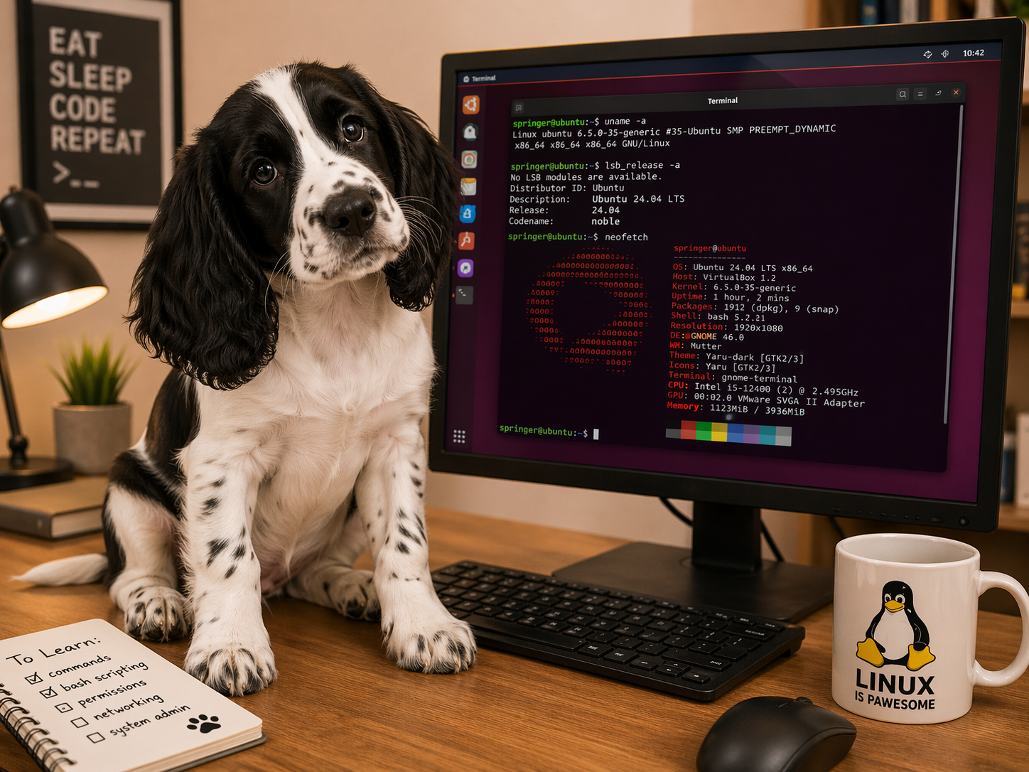 Black and white springer spaniel coding pup illustration