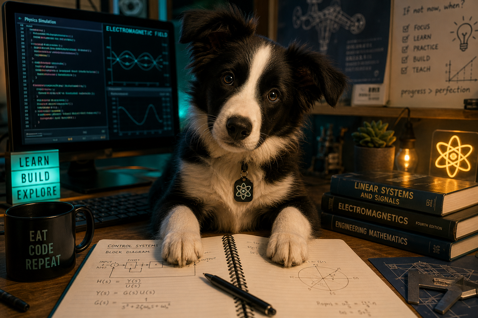 A realistic border collie puppy in a thoughtful STEM learning space