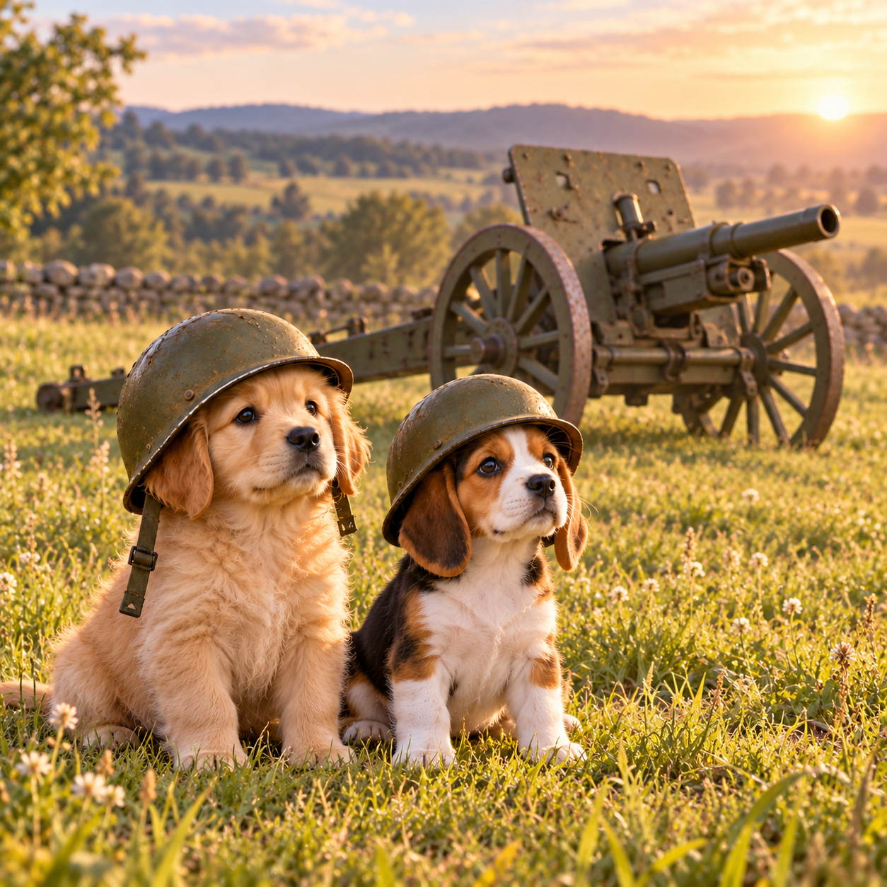 Two puppies in old-fashioned helmets sitting next to a field cannon at sunset
