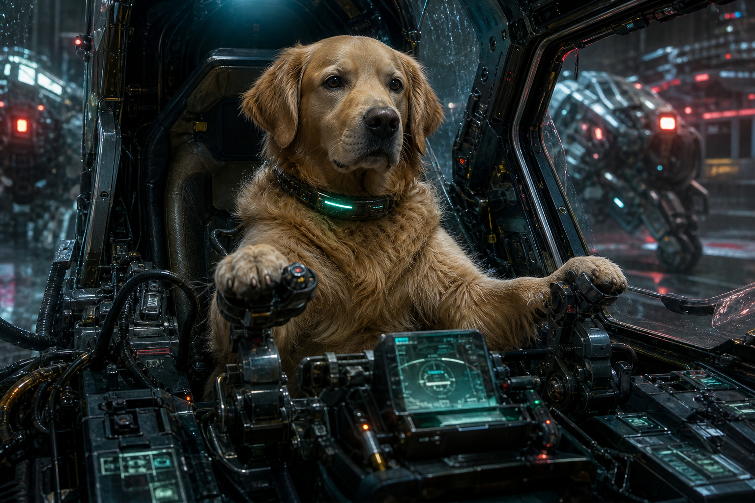 A realistic golden retriever piloting a robot cockpit
