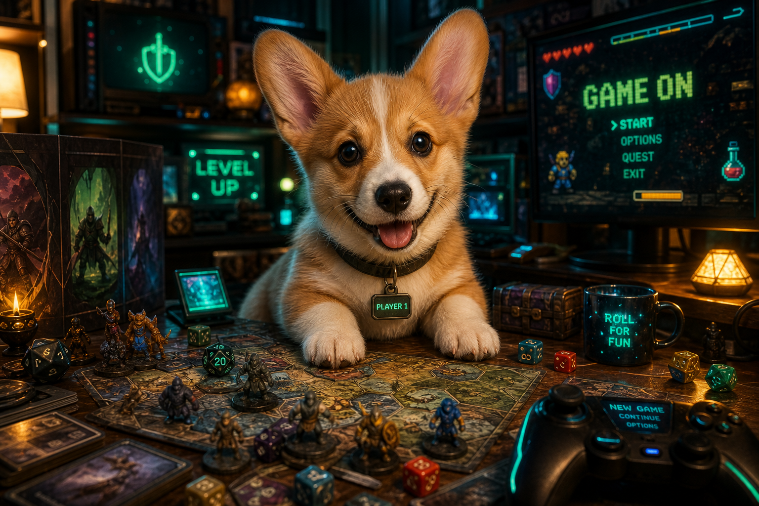 A realistic corgi puppy in a playful games-themed adventure space