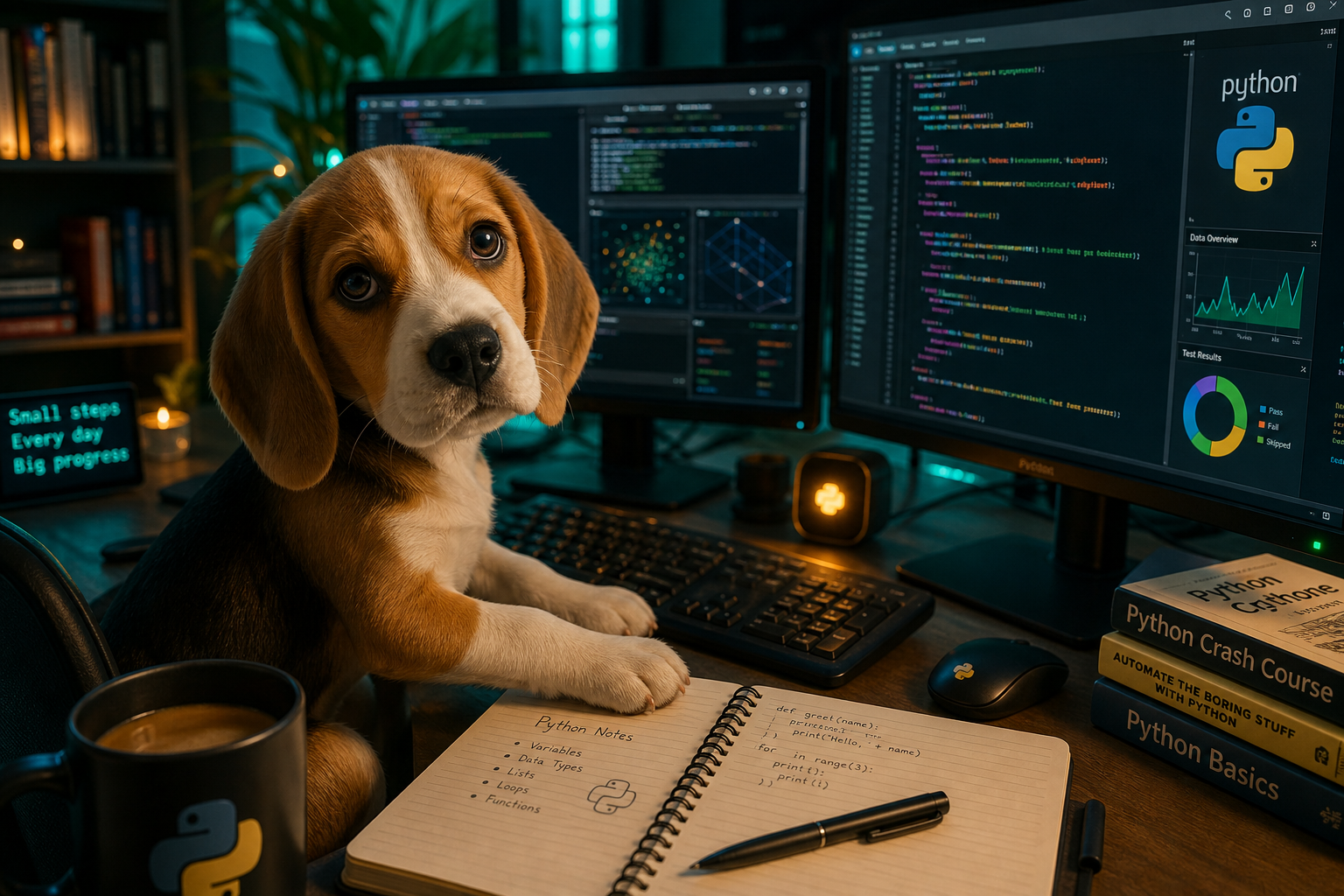 A realistic beagle puppy in a Python-themed coding workspace